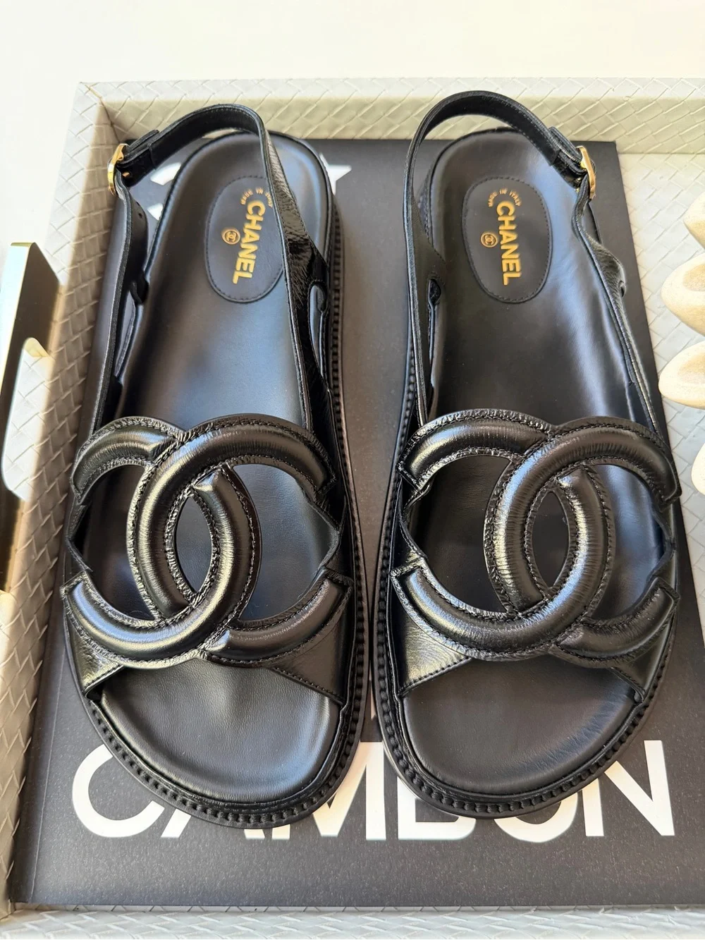 Chanel Blazy Crumpled Shiny Lambskin Leather Black CC Logo Dad Sandals 38.5 C